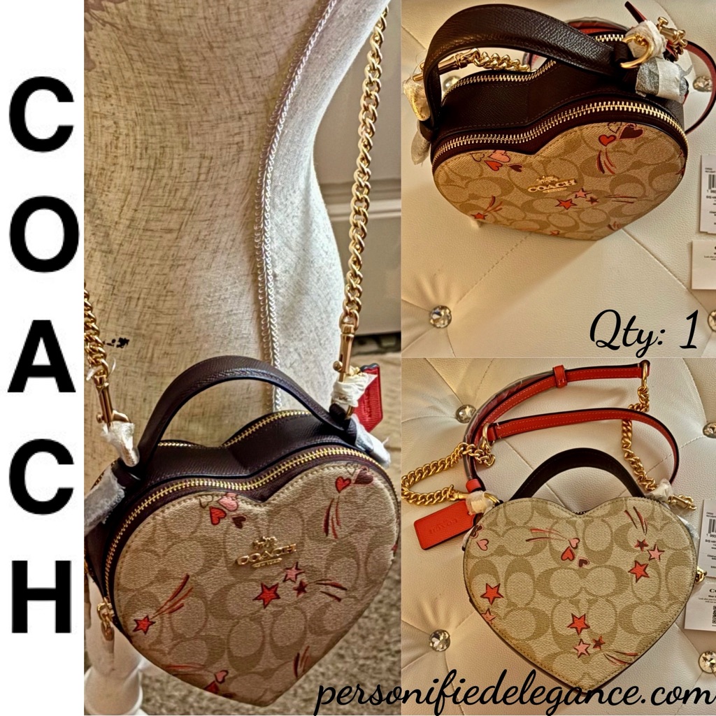 New Coach Heart Shaped Star Print Signature Coated Canvas Leather Crossbody Bag